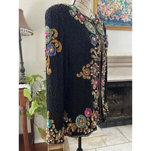 Vintage Dayton’s Women’s Blazer L Black 100% Silk Heavily Beaded Classic Padded‎